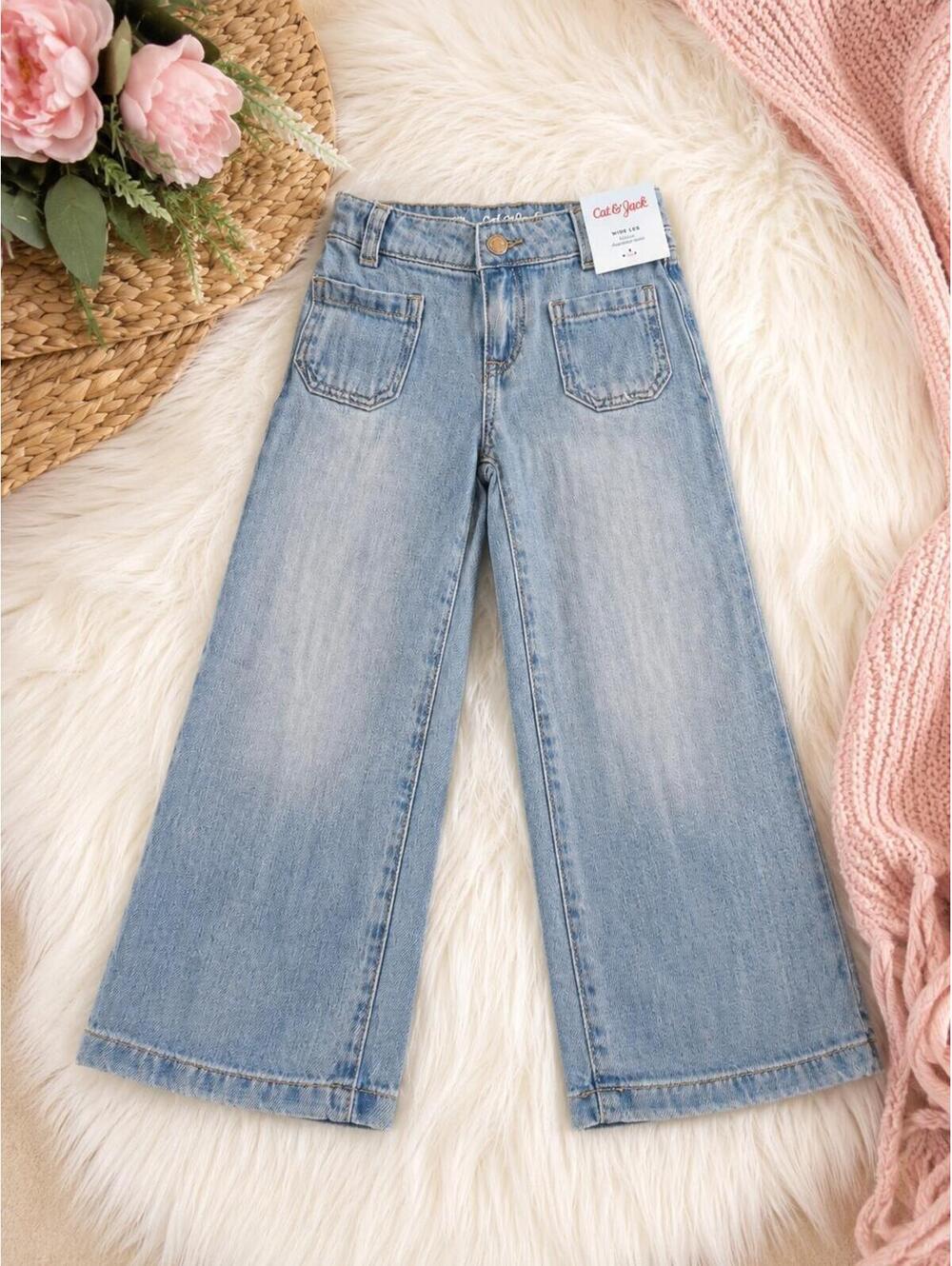 Cat & Jack Girls Wide Leg Jeans Size 5 NWT Light Wash Mid Rise Denim